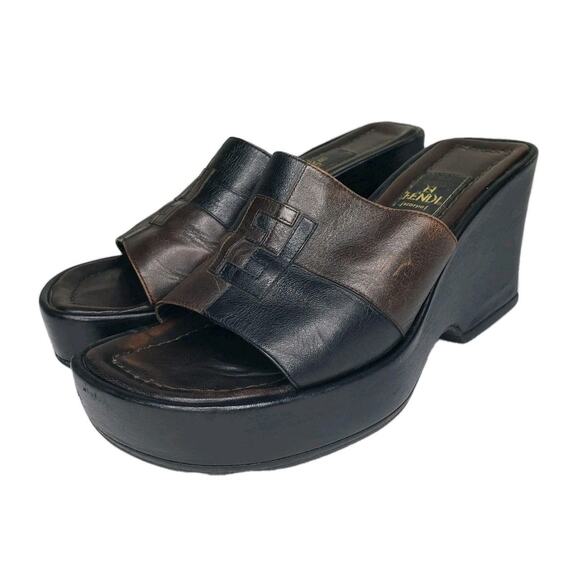 Fendi Platform Slides Sandals Logo Size 5 US Black Brown Vintage Made in Italy - Picture 1 of 15